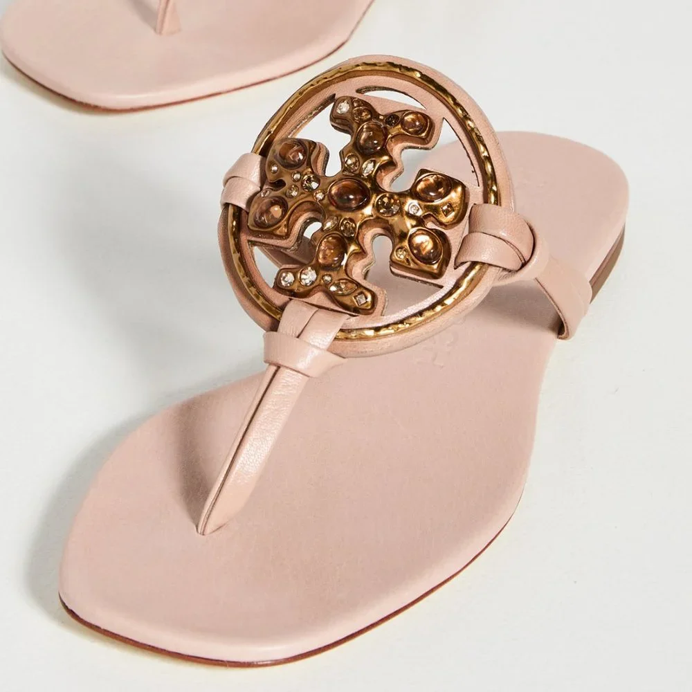 Tory Burch Miller Jeweled Leather Thong Sandals Meadowsweet Peachy Pink